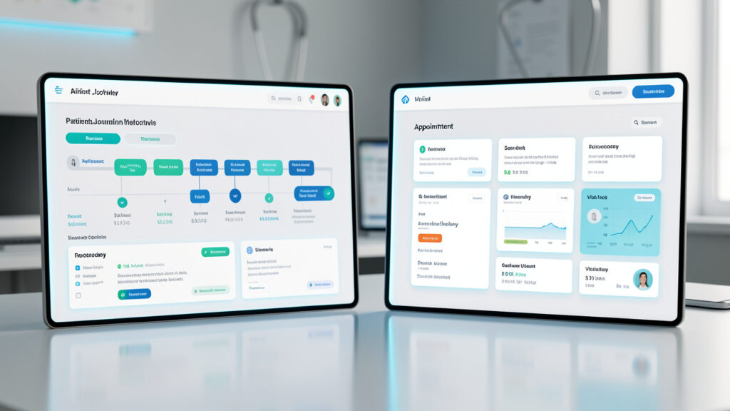 Comparaison entre une agence d’intelligence artificielle en santé et un éditeur santé, avec des interfaces cliniques représentant le parcours patient, la planification des rendez-vous et des indicateurs de suivi.