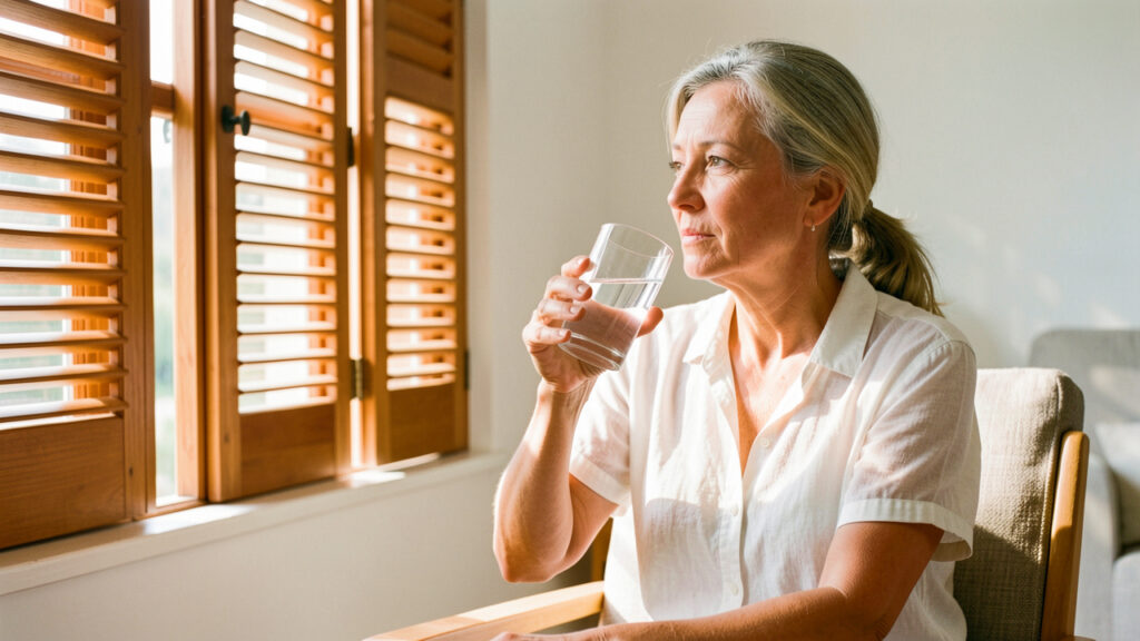 Une femme adulte boit un verre d’eau dans un logement lumineux pendant une canicule, près de volets partiellement fermés.