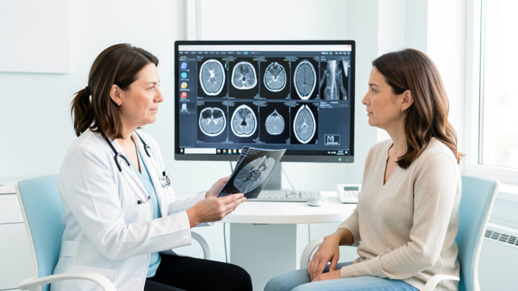 Médecin expliquant des images d’IRM et de scanner à une patiente adulte dans un cabinet médical lumineux.