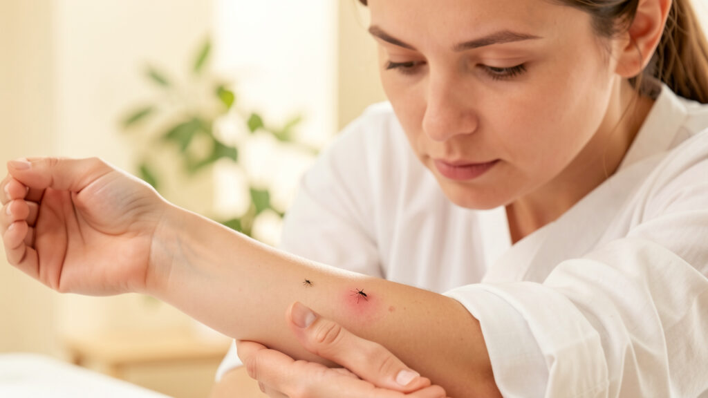 Illustration médicale réaliste d’une femme observant calmement une petite piqûre de moustique sur son avant-bras, dans une ambiance estivale sobre et non anxiogène.