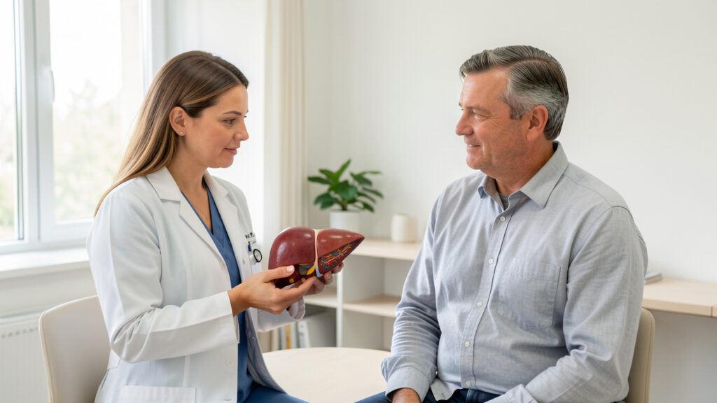 Une médecin explique l’anatomie du foie à un patient adulte dans un cabinet médical lumineux et rassurant.