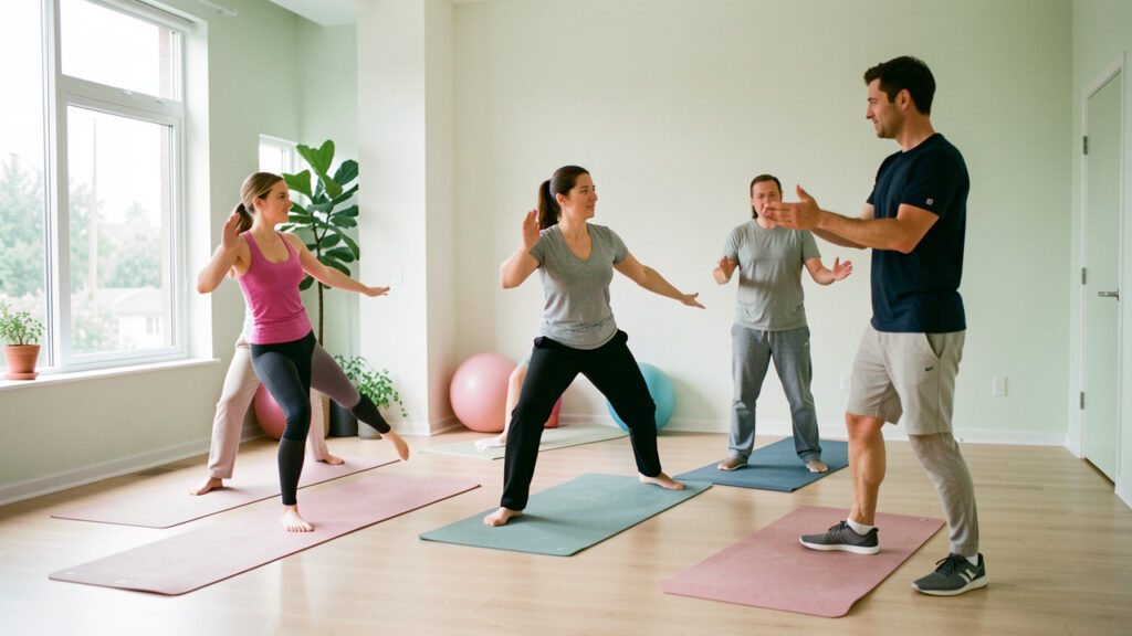 Petit groupe de deux femmes et un homme réalisant des exercices physiques adaptés dans une salle lumineuse avec l’accompagnement bienveillant d’un enseignant qualifié.