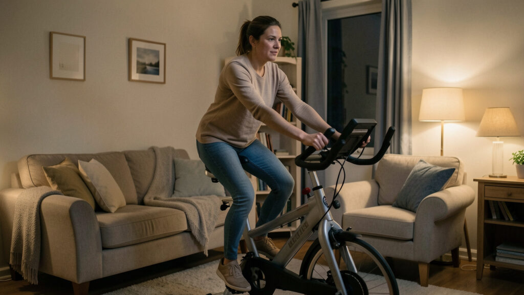Une femme adulte fait du vélo d’appartement à intensité modérée dans un salon calme, éclairé par une lumière douce en soirée.