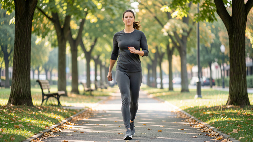 Femme adulte marchant d’un pas soutenu dans un parc verdoyant, vêtue d’une tenue sportive sobre, dans une ambiance de santé préventive.