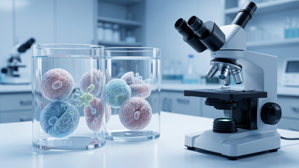 Illustration scientifique réaliste d’organoïdes humains cultivés en trois dimensions dans des boîtes transparentes, avec un microscope de laboratoire éclairé par une douce lumière bleutée.