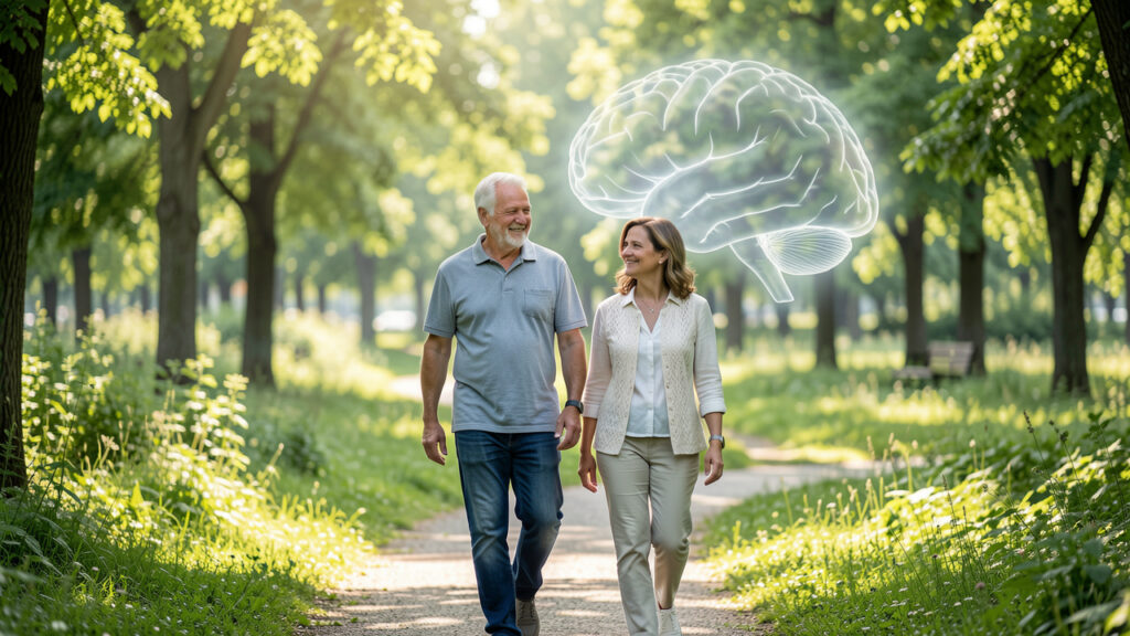 Un homme senior marche dans un parc lumineux aux côtés d’une femme adulte, dans une ambiance évoquant la santé préventive, avec un cerveau stylisé très discret en arrière-plan.