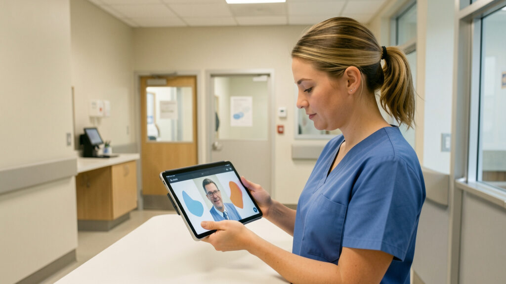 Une infirmière en tenue médicale consulte calmement une tablette sécurisée avec un psychiatre en visioconférence dans un service d’urgences psychiatriques moderne.