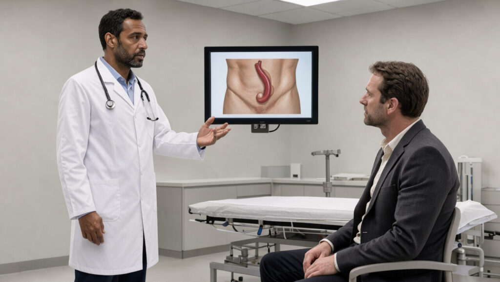 Un chirurgien digestif explique calmement à un patient une représentation anatomique discrète d’une hernie inguinale affichée sur un écran, dans une salle de consultation éclairée par une lumière clinique douce.