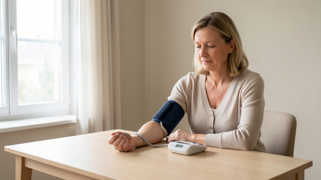 Femme adulte assise calmement à une table et mesurant sa tension avec un tensiomètre électronique de bras dans un intérieur lumineux et sobre.