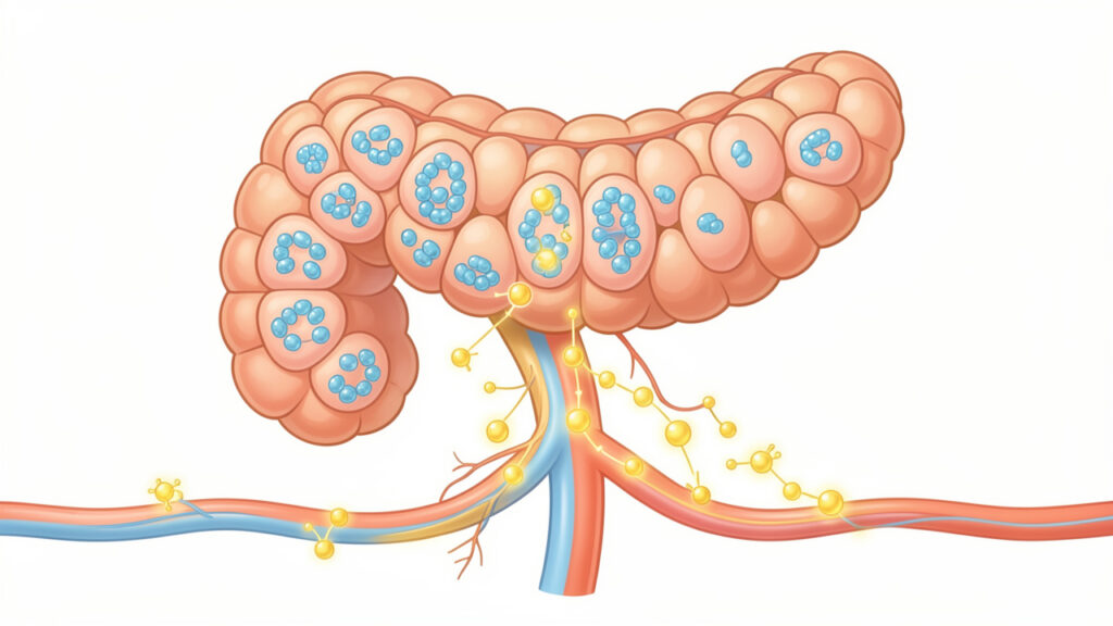 Illustration médicale claire représentant un pancréas, des îlots pancréatiques contenant des cellules bêta et des molécules de glucose dans une circulation sanguine simplifiée.