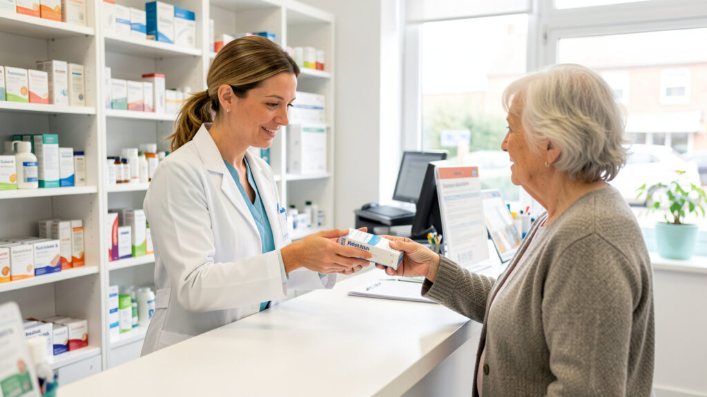 Une pharmacienne française remet un vaccin antigrippal emballé à une femme âgée dans une officine lumineuse et rassurante.
