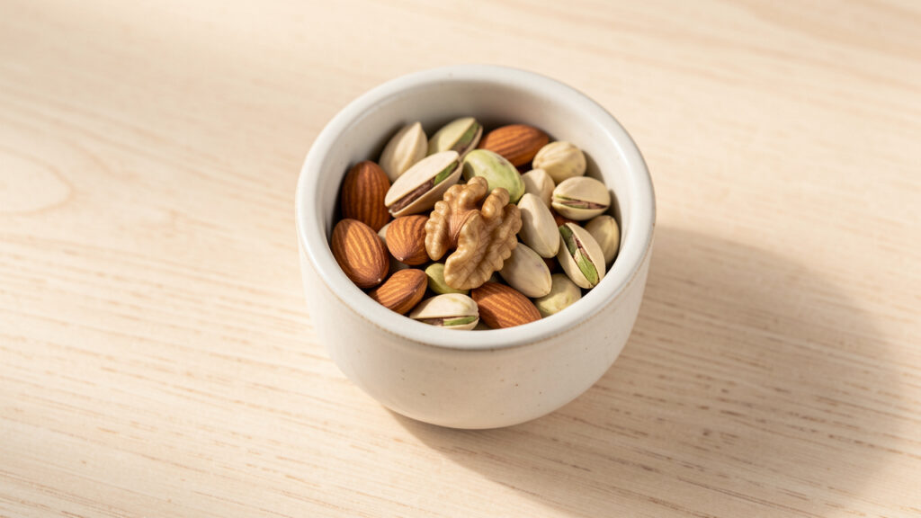 Petit ramequin contenant des noix de Grenoble, des amandes et des pistaches nature sur une table claire, dans une ambiance réaliste et saine.